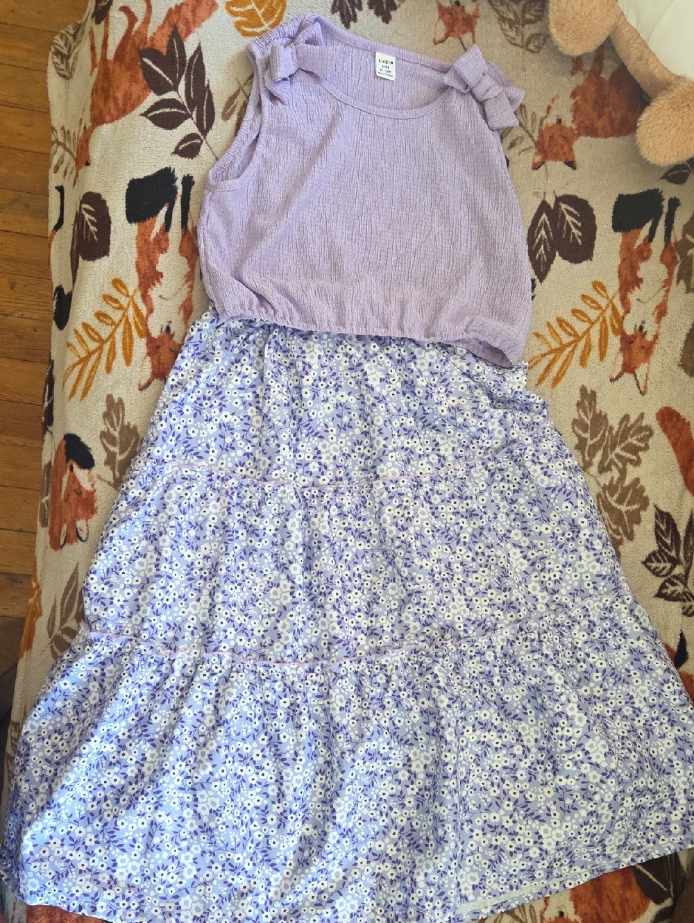 Lilac Bow-Shoulder Floral Tiered Midi Dress
